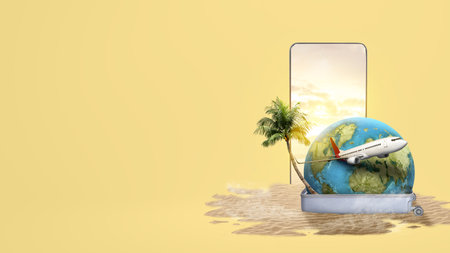 Holiday summer, vacation and travel concept with suitcase and other accessories against yellow background.の写真素材
