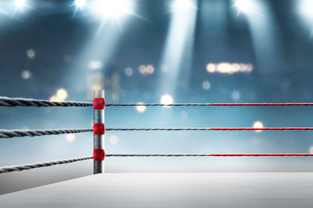 Black and red rope on the boxing ring corner in the stadium arenaの写真素材