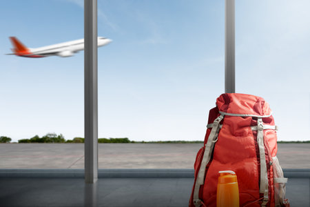 Backpack for traveling at the airport. Ready for traveling. Traveling conceptの写真素材