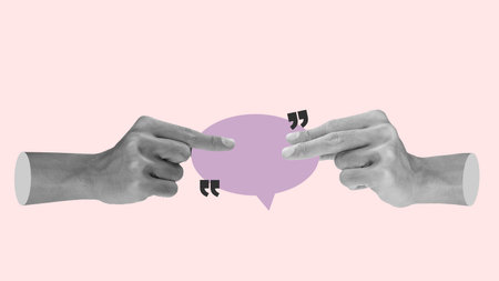 A human hand holding a speech bubble on a colored background. Collage art