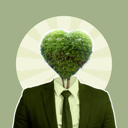 Conceptual microstock image depicting a person in a suit with a vibrant, heartshaped green bush as their head, symbolizing ecoconscious business ethics and sustainable practicesの写真素材