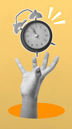 A human hand showing an alarm clock on a colored background. Collage art