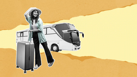 A woman in a hat carrying a suitcase traveling with a bus on a colored background. Collage artの写真素材