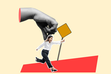 Cheerful businesswoman confidently strides forward holding a blank sign, as a giant hand looms...