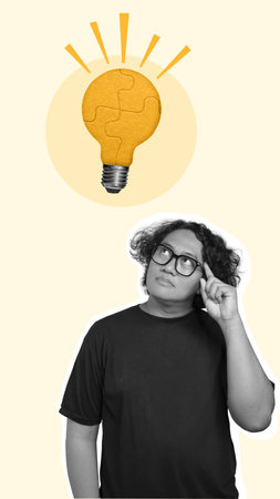 Man thinking of something with a light bulb puzzle as a symbol for new ideas on a colored background. Collage artの写真素材