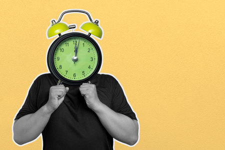 Creative representation of time management with a person holding an alarm clock in place of their head against a vibrant yellow background. Symbolizing urgency. Punctuality. And the importance of timeの写真素材