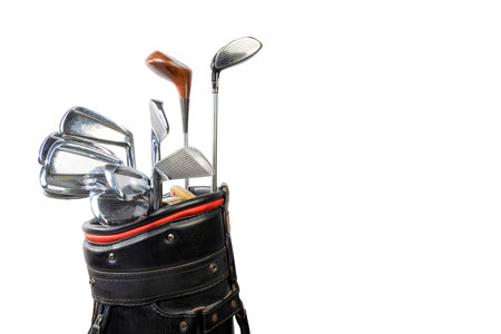 Closeup view set of the golf club in the bag isolated over a white backgroundの写真素材