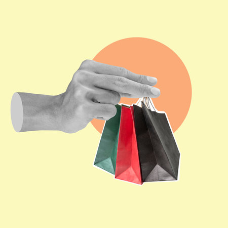 A human hand holding shopping bags on a colored background. Collage art