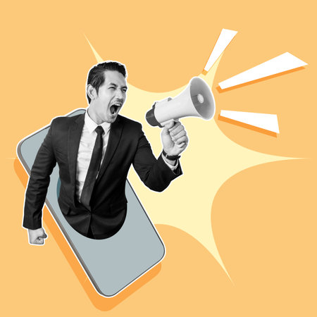 A human hand holding a mobile phone and showing a businessman shouting on a megaphone with a colored background. Business collageの写真素材