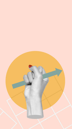 The human hand grabs an increase arrow with a colored background. Business collageの写真素材