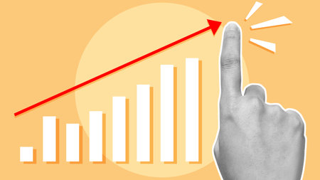 The business hand increases the financial graph arrow with a colored background. Business collageの写真素材