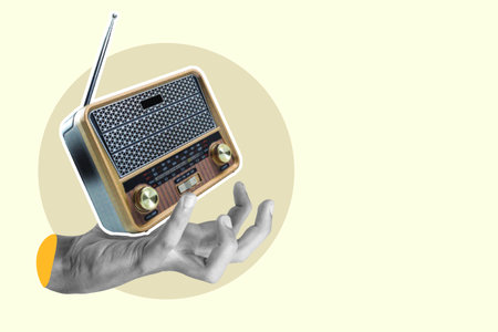 Digital collage featuring a hand holding a retro transistor radio set against a minimalist creamcolored abstract background, symbolizing nostalgia and the blend of old and new mediumsの写真素材