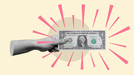 Human hand holding dollar bills on a colored background. Collage art