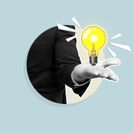 A business hand shows a bright light bulb on his palm with a colored background. Collage art of idea