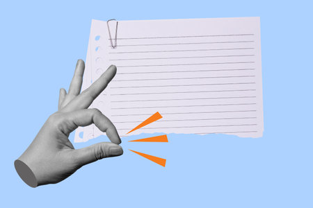Human hand with ok sign gesture and blank paper for copy space with a colored background. Collage artの写真素材