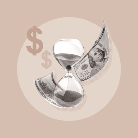 Conceptual image blending an hourglass with a hundred dollar bill, illustrating the idea that time is as valuable as money against a warm neutral backgroundの写真素材