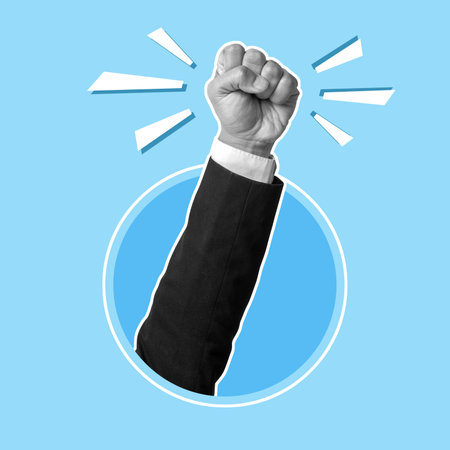 The business hand raised his arm with a colored background. Collage art of hand sign