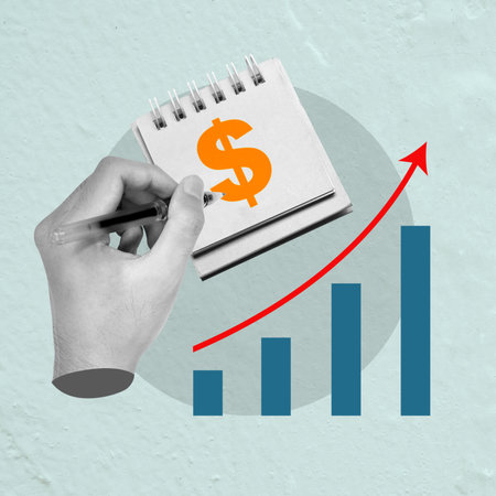 A human hand draws a dollar sign with an increased graph arrow on a colored background. Collage Art of business and financeの写真素材