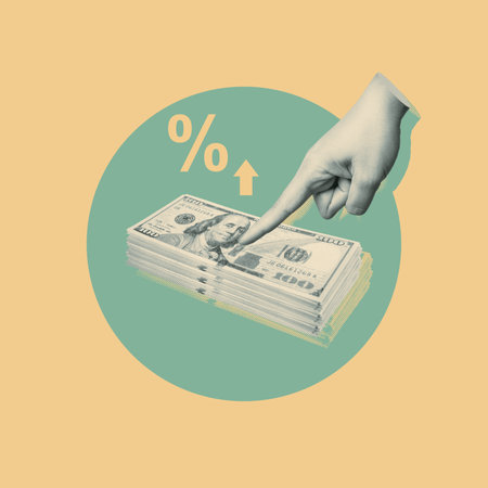 Vintage style cutout of a hand pointing at a stack of us dollars with an upward arrow and percentage symbol, illustrating concepts of finance, savings, investment, and interest ratesの写真素材