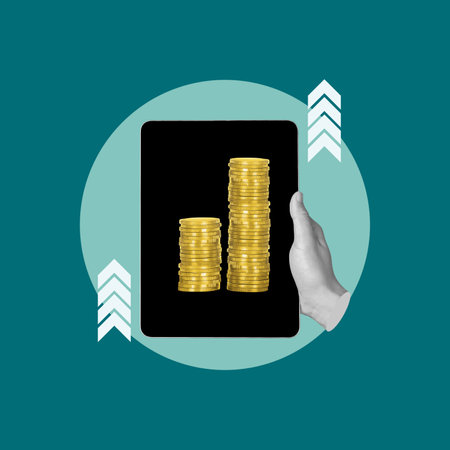 Graphic illustration presenting a hand holding a tablet showcasing rising stacks of gold coins,...