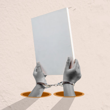 A man is holding a white piece of paper with handcuffs on it. The image is a commentary on the idea of being held back or imprisoned. The handcuffs symbolize the restrictionsの写真素材