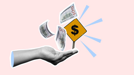A human hand showing one hundred dollar banknote money with a dollar sign on a colored background....