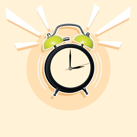 A yellow and black alarm clock. The clock is surrounded by a circle with a white backgroundの写真素材