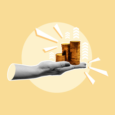 A human hand shows a golden stack of coins with an increase sign on a colored background. Collage...