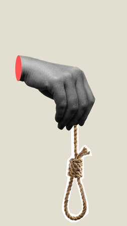 A hand is holding a rope with a red object hanging from it. The image is a representation of the concept of death and the idea of being tied down. Scene is dark and somberの写真素材