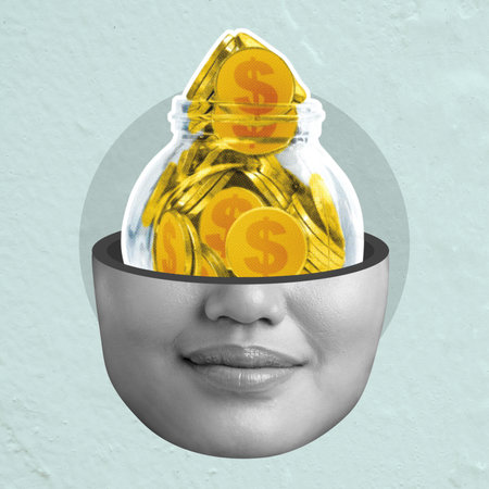 A woman's face is drawn with a jar of money on her forehead. Concept of happiness and abundanceの写真素材