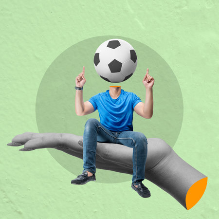 Creative contemporary art collage, a man with a soccer ball instead of a head is sitting on a giant hand pointing upwards, on a green backgroundの写真素材
