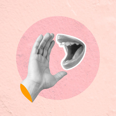 Contemporary art collage illustrating the concept of freedom of speech and censorship, featuring a hand making a stop gesture towards a yelling mouthの写真素材