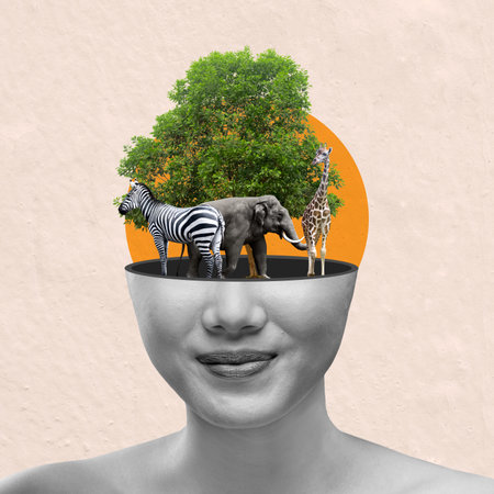 A woman's face is drawn with a tree and animals in her eye sockets. Concept of wonder and curiosity about the natural worldの写真素材