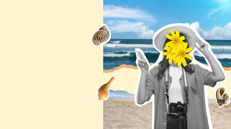 Portrait of a woman with a flower head with the camera pointing at something with a beach and colored background. Collage art of travelingの写真素材