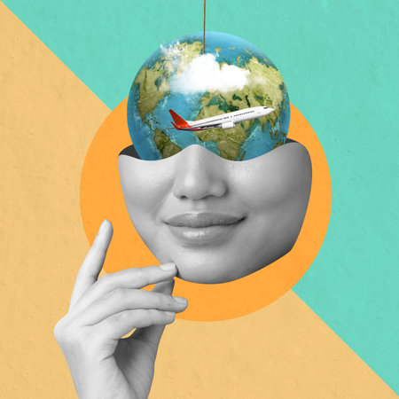 Creative contemporary art collage featuring a female model with earth inside her head and a plane flying above, symbolizing dreams of travel and adventureの写真素材
