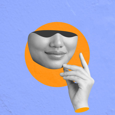 Contemporary art collage of a woman with a warm smile, touching her face, blending photography and illustration in a trendy, surreal portrait with vibrant colorsの写真素材