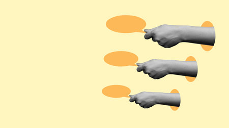 Three hands are holding up orange circles, with one hand pointing to the left, one pointing to the right, and one pointing to the center. Concept of communication and connectionの写真素材