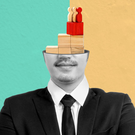Black and white portrait of a businessman with wooden blocks forming stairs inside his open head on a colorful abstract backgroundの写真素材