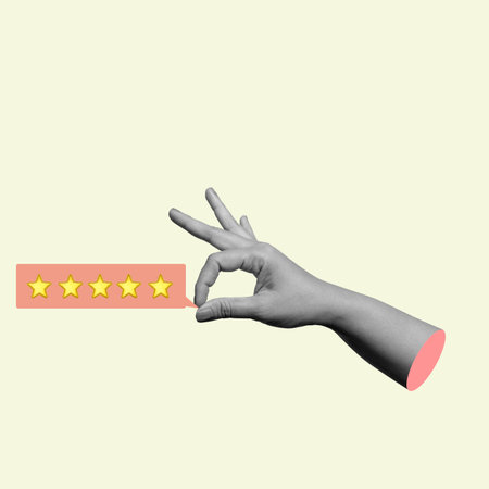 A hand is holding a star with five stars. The hand is pointing to the star, and the image has a...