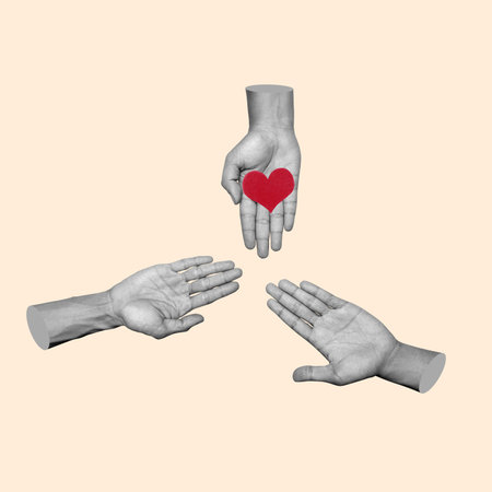 Three hands holding a red heart. Concept of love and unity. The three hands represent the three...