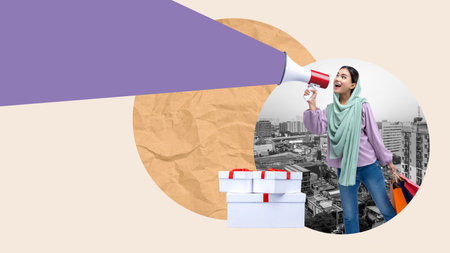 Muslim woman influencer energetically promotes a brand in the city, surrounded by colorful gift...