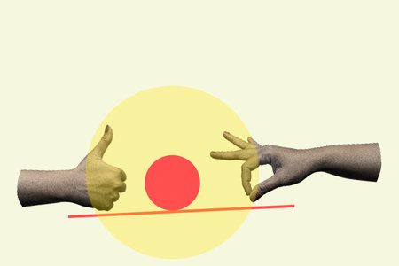 Two hands are touching a red ball on a white background. Concept of balance and harmony, as the two...