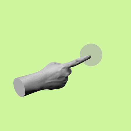 A hand pointing to a button on a green background. Concept of frustration or annoyance, as the hand...
