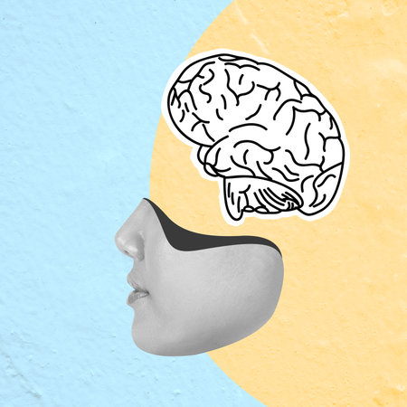 Contemporary art collage showing a woman with her head open, revealing a drawing of a human brain,...