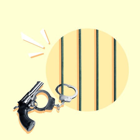 Handcuffed gun on prison bars, symbolizing gun violence and crime. Juxtaposition sparks reflection on law, justice, and safety. Yellow background adds modern touchの写真素材