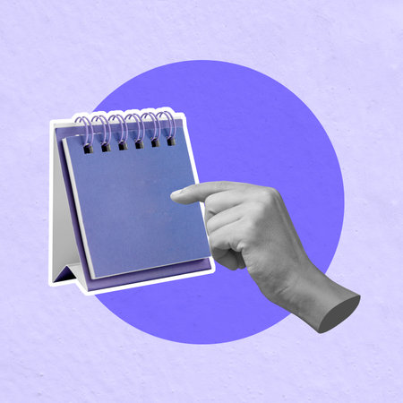 Hand pointing at a blank calendar, suggesting planning, scheduling, or setting a date for an important event. The minimalist purple background adds a touch of modern eleganceの写真素材