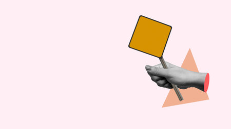 Black and white woman hand holding an empty orange speech bubble over a pink triangle and pastel...