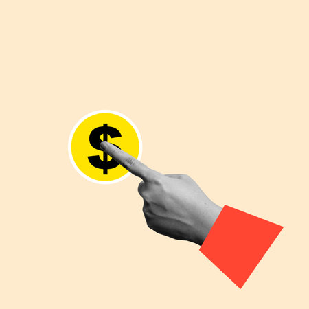 A human hand pushes a yellow dollar button on a colored background. Collage art