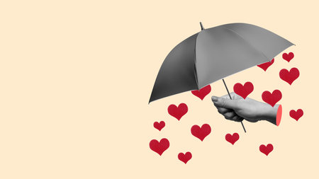 A human hand holding a black umbrella with a rain of red hearts on a colored background. Collage artの写真素材