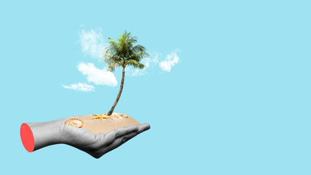 A human hand showing a coconut tree on the beach with a colored background. Collage artの写真素材